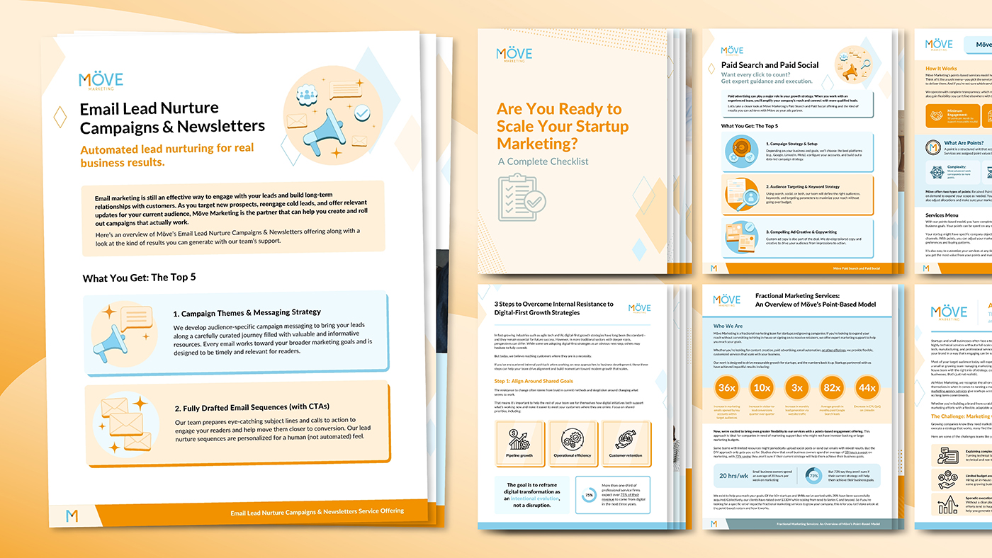 A collection of branded marketing materials designed for award-winning marketing agency Möve Marketing.