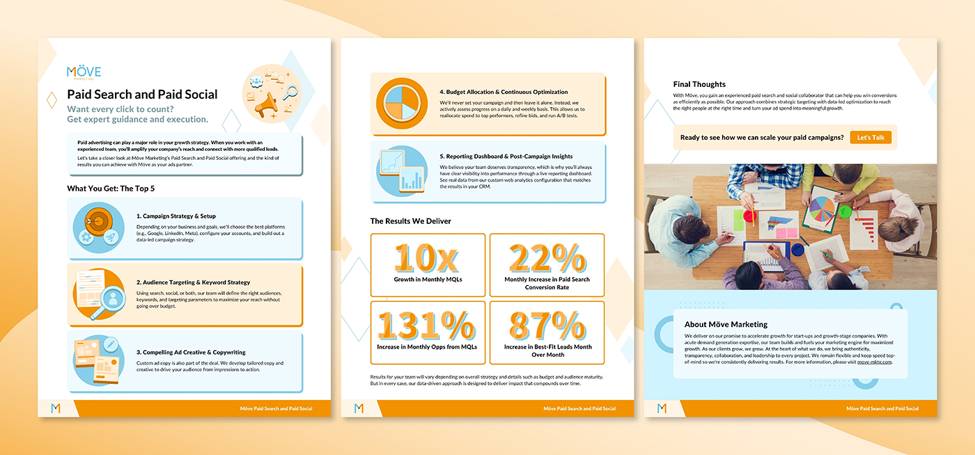 A collection of branded marketing materials designed for award-winning marketing agency Möve Marketing.