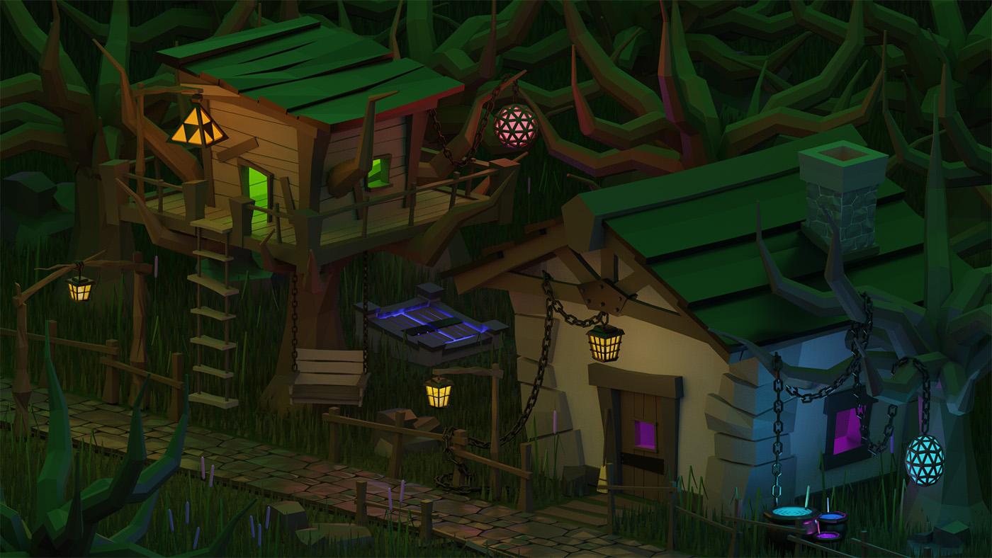 A cozy 3d model of a small witch cottage in the woods.