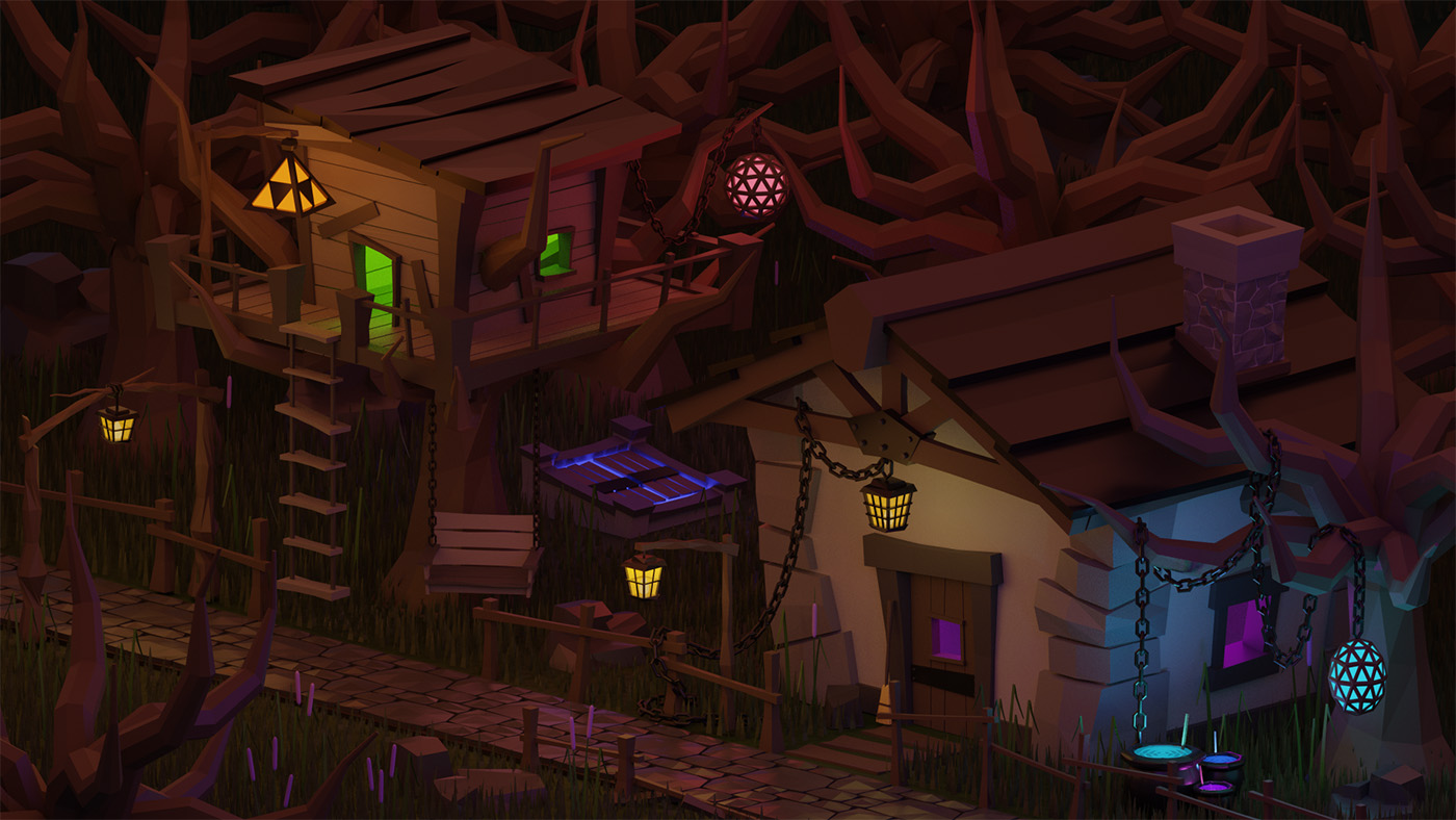 A cozy 3d model of a small witch cottage in the woods.