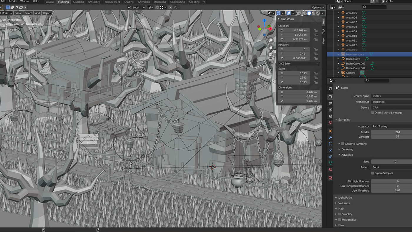 A behind-the-scenes look at a 3d model of a small witch cottage in the woods.