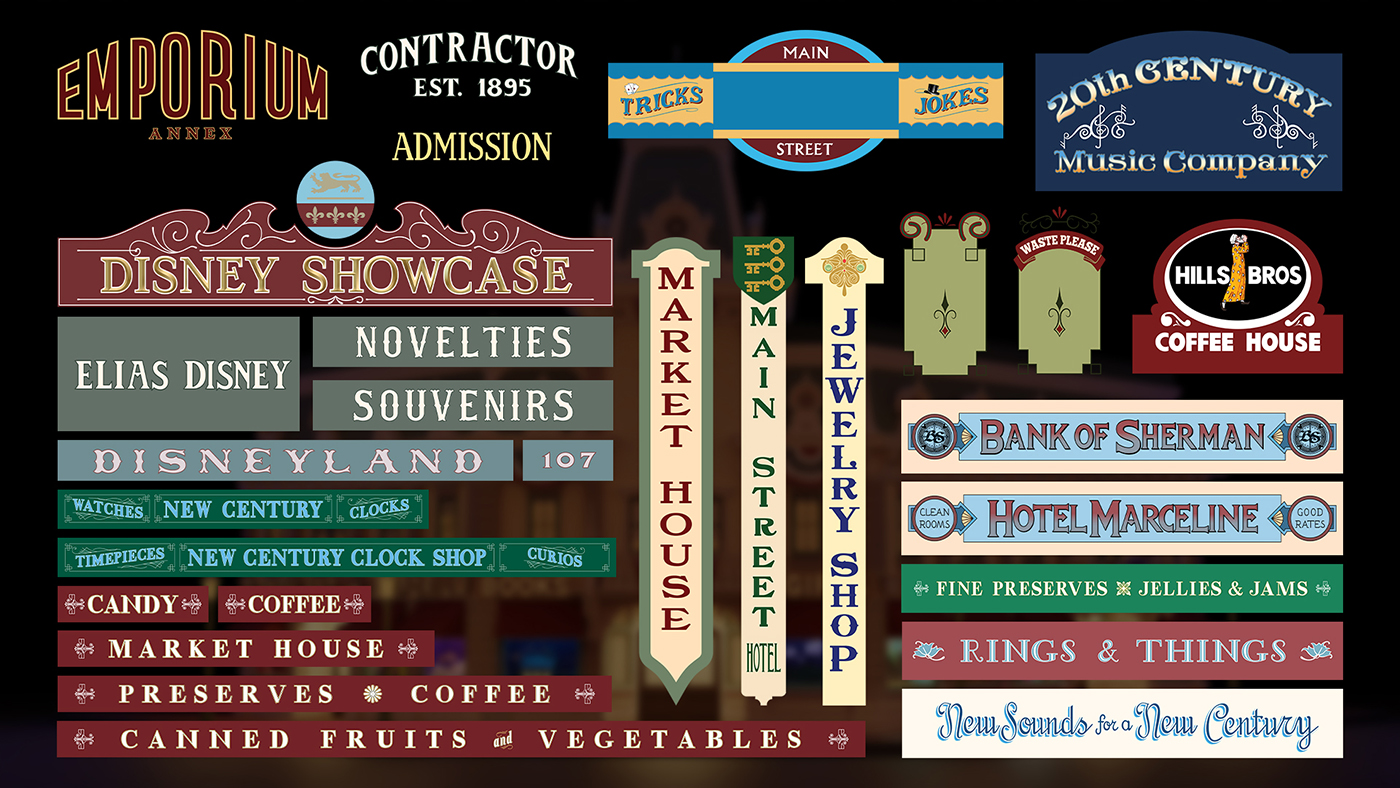 A collection of vinyl signs made for a 1/5 scale replica of Main Street USA from the Disneyland Resort.