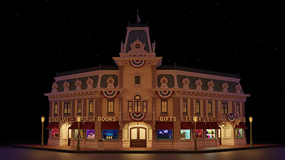 A detailed 3D model of the Emporium from Main Street USA at Disneyland at night.
