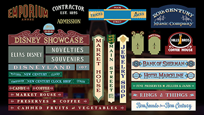 A collection of vinyl signs made for a 1/5 scale replica of Main Street USA from the Disneyland Resort.