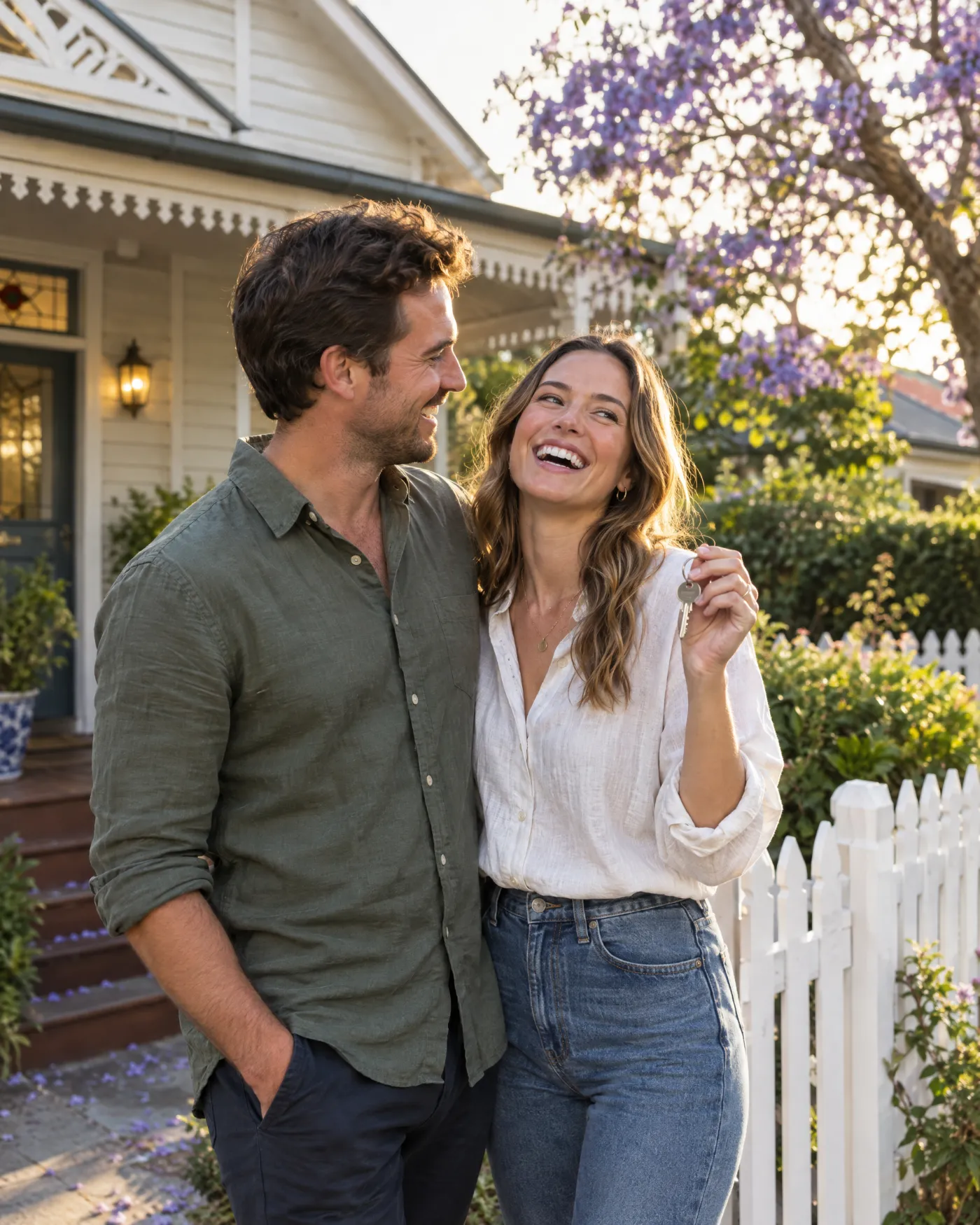 Couple holding the keys on the verandah of their new home