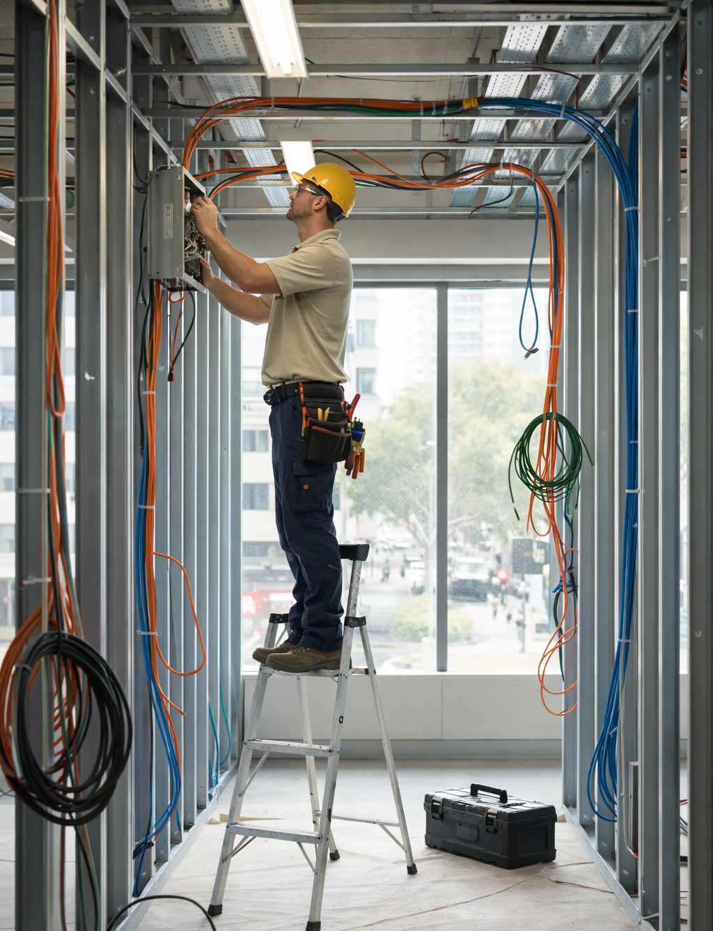 Electrian using a screwdriver to fix an outdoor electrical switchboard mounted on a white brick wall.