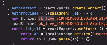React code showing Stripe initialisation with an exposed secret live key (sk_live_...).
