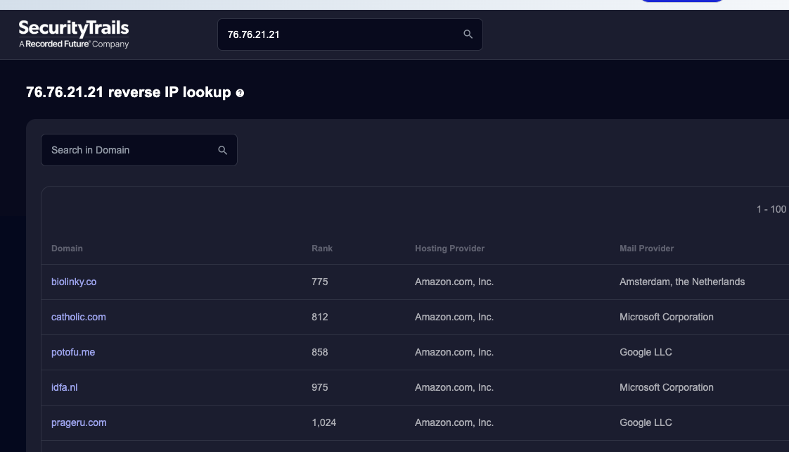 SecurityTrails reverse IP lookup for 76.76.21.21 listing hosted domains and providers.