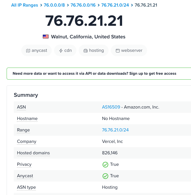 IP lookup results for 76.76.21.21 showing location, ASN, company (Vercel), and tags.