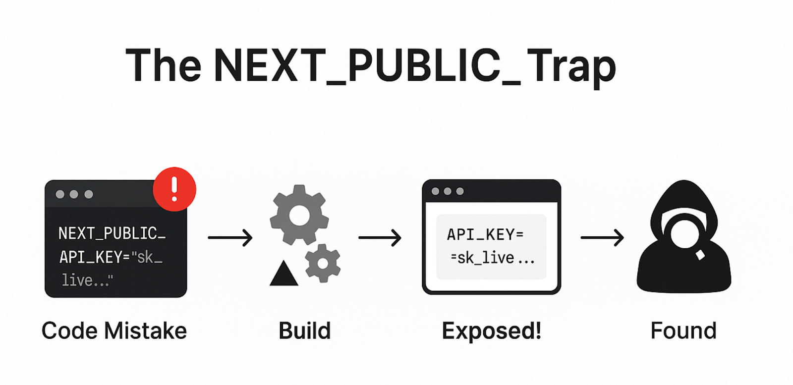 Diagram: NEXT_PUBLIC_ prefix exposes API keys, making them vulnerable to hackers.
