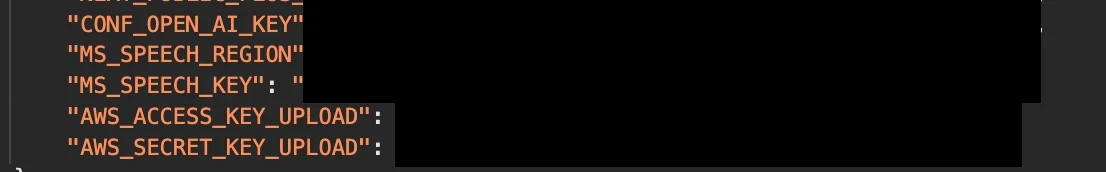 Code snippet showing configuration keys (OpenAI, MS Speech, AWS) with their values redacted.