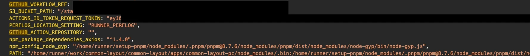 Code snippet: Configuration settings for Github Actions, S3, npm, paths, with some values redacted.