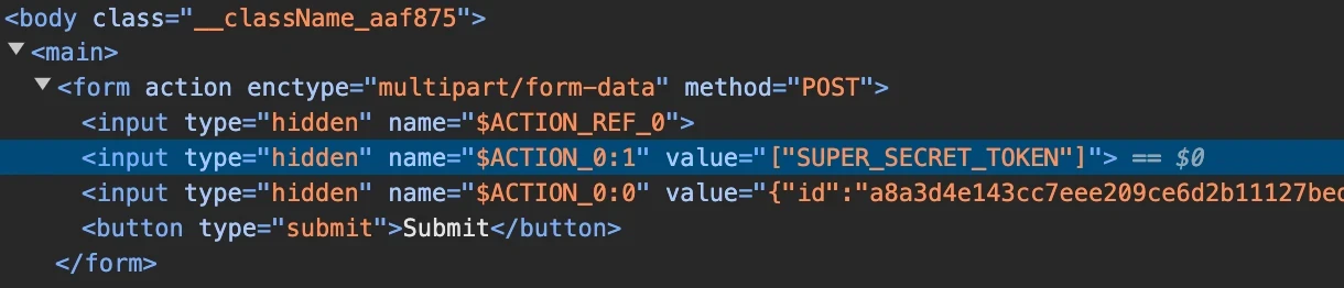 Generated HTML form showing SUPER_SECRET_TOKEN embedded as a value in a hidden input field.