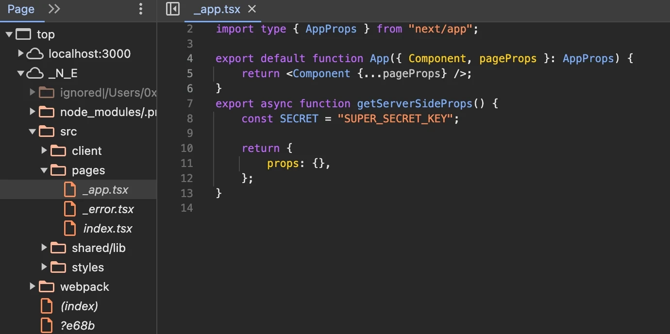 Code editor view: Next.js project tree and _app.tsx code with hardcoded SECRET variable.