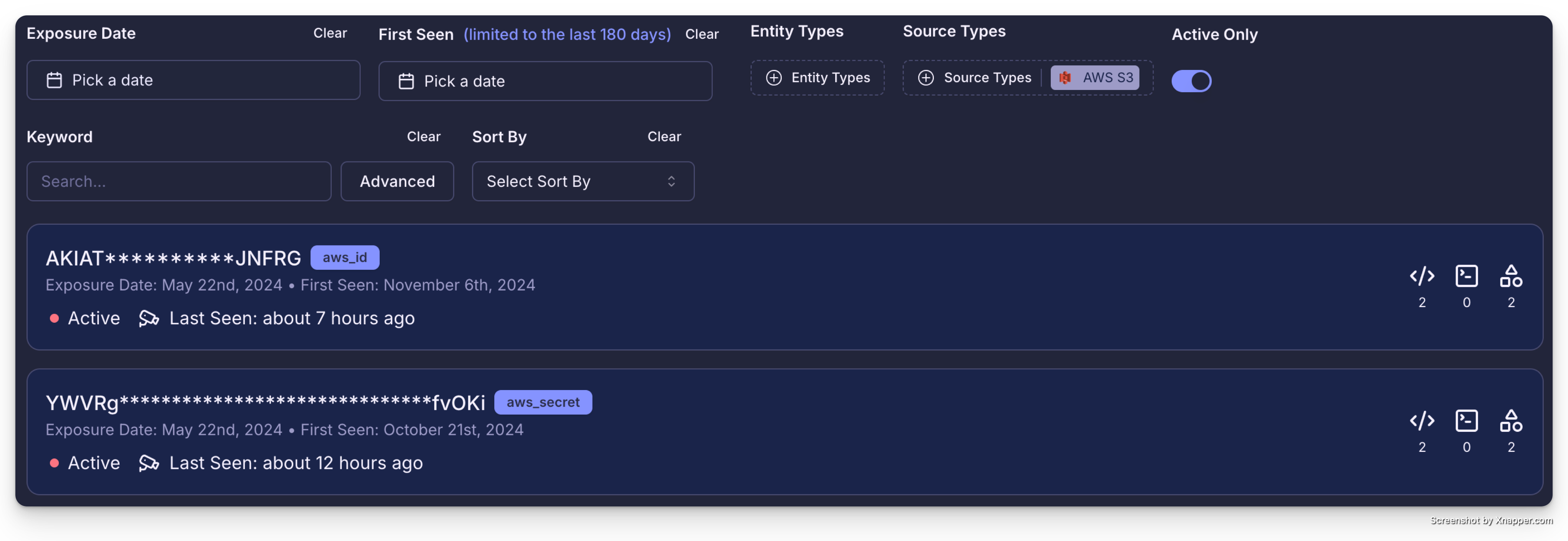 Screenshot of a security dashboard listing exposed secrets with filters for source (e.g., AWS S3).