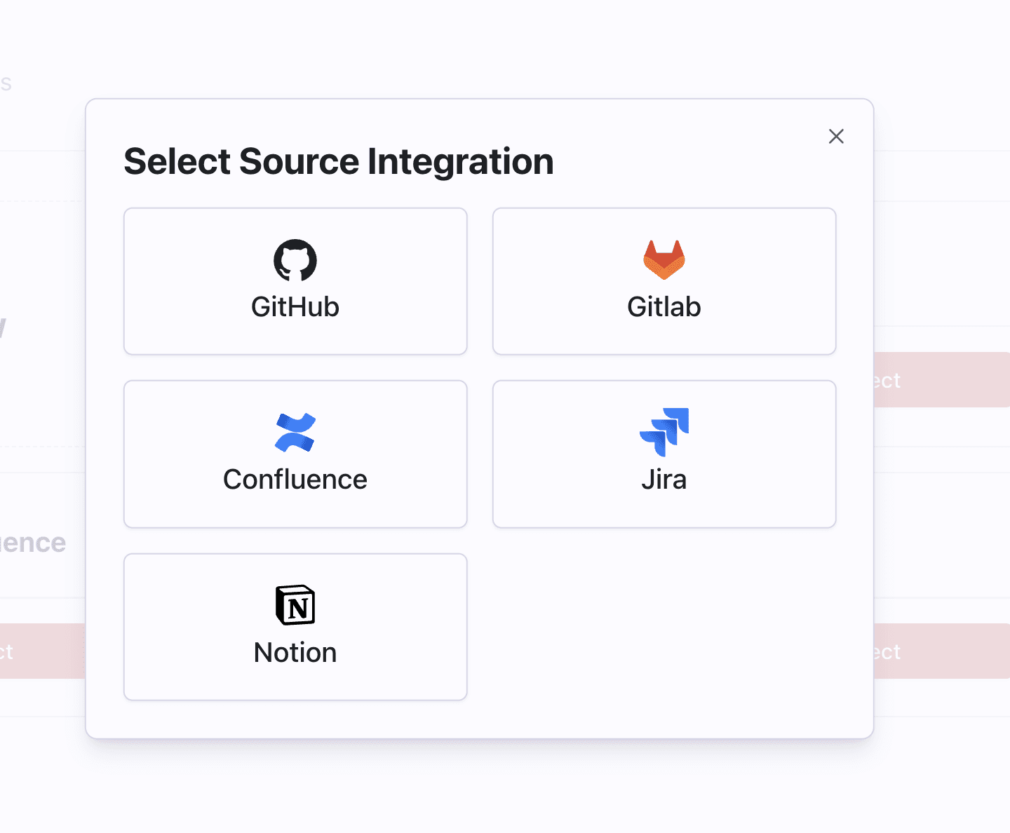 Modal window for source integration selection with logos for GitHub, Gitlab, Confluence, Jira, Notion.