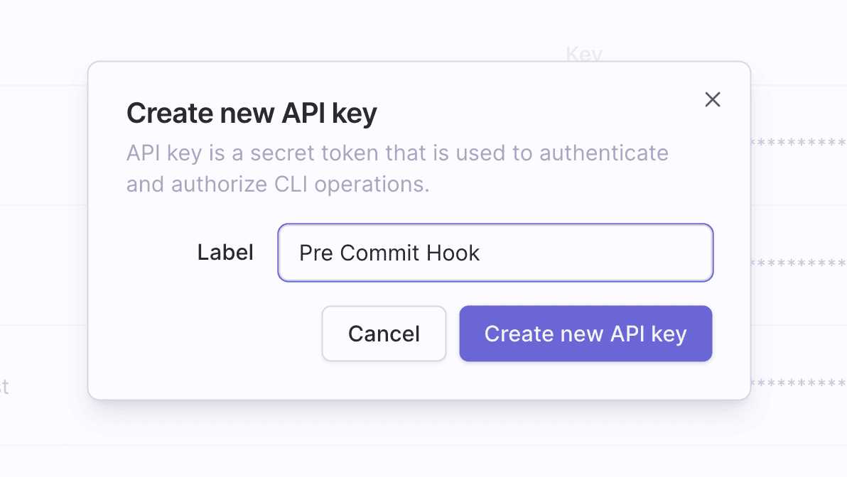 "Create new API key" popup window with description and a label input field ("Pre Commit Hook").