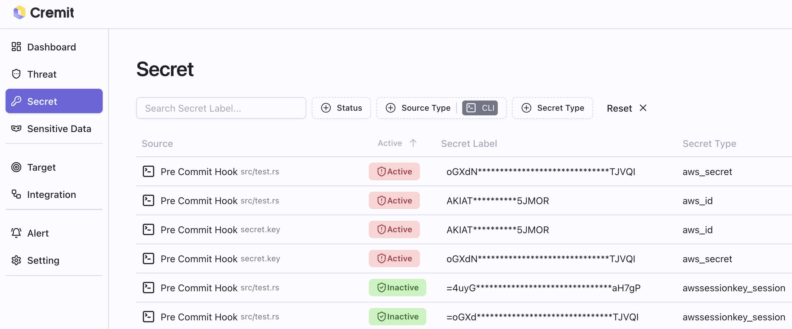 Cremit application's Secret dashboard showing a list of secrets with status and source details.