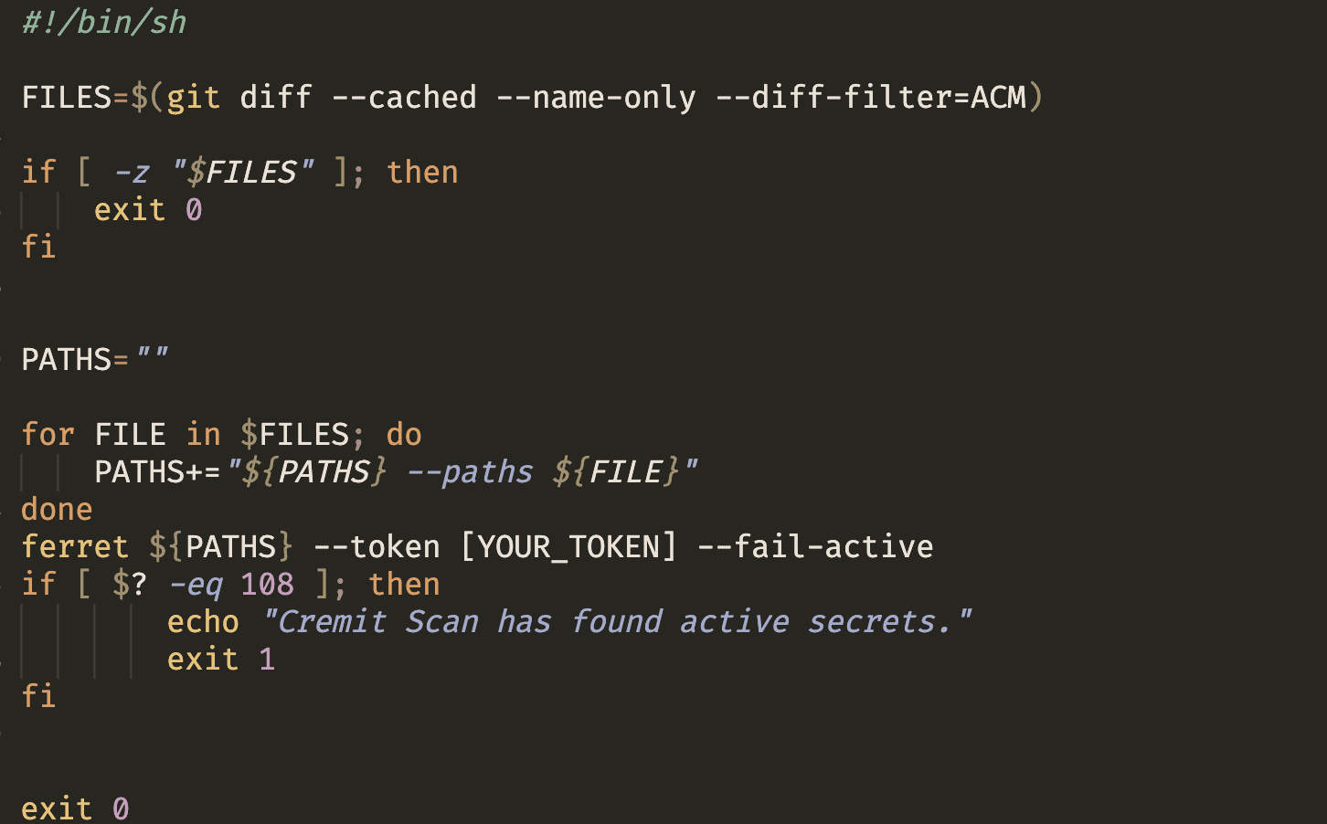 Code snippet: Git pre-commit hook script calling 'ferret' secret scanner on changed files.