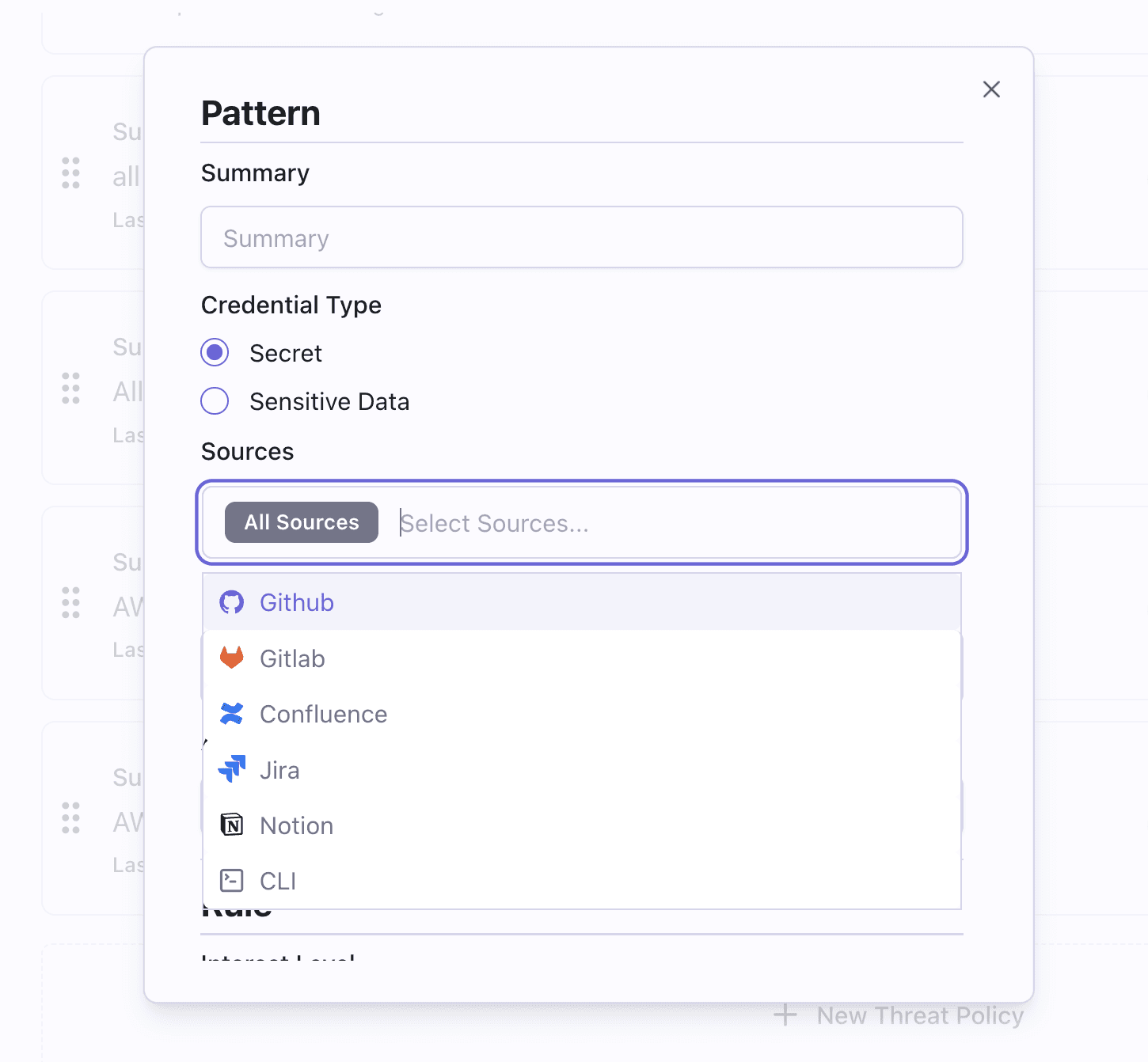 "Pattern" definition popup: Set Summary, Credential Type (Secret selected), and Sources (e.g., Github).