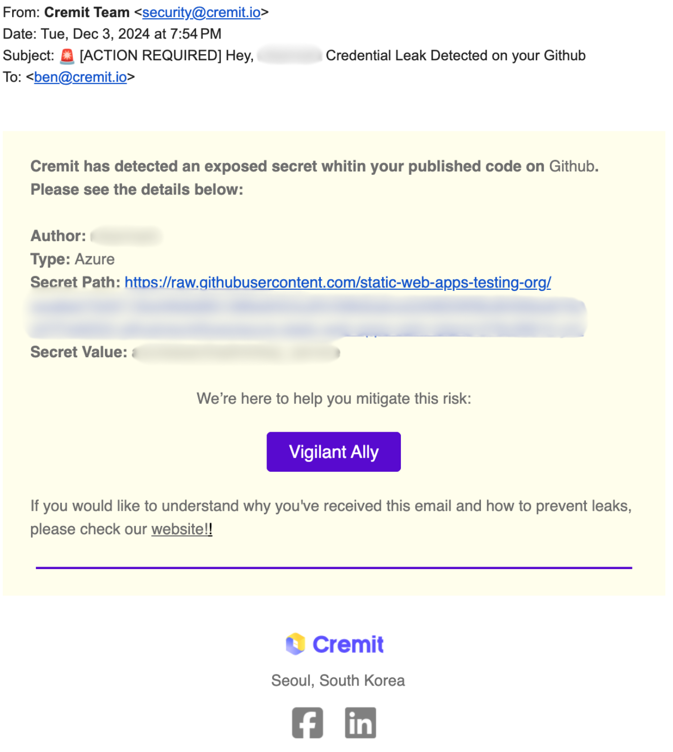 Screenshot of a Cremit email alerting user about a detected credential leak on their Github account.