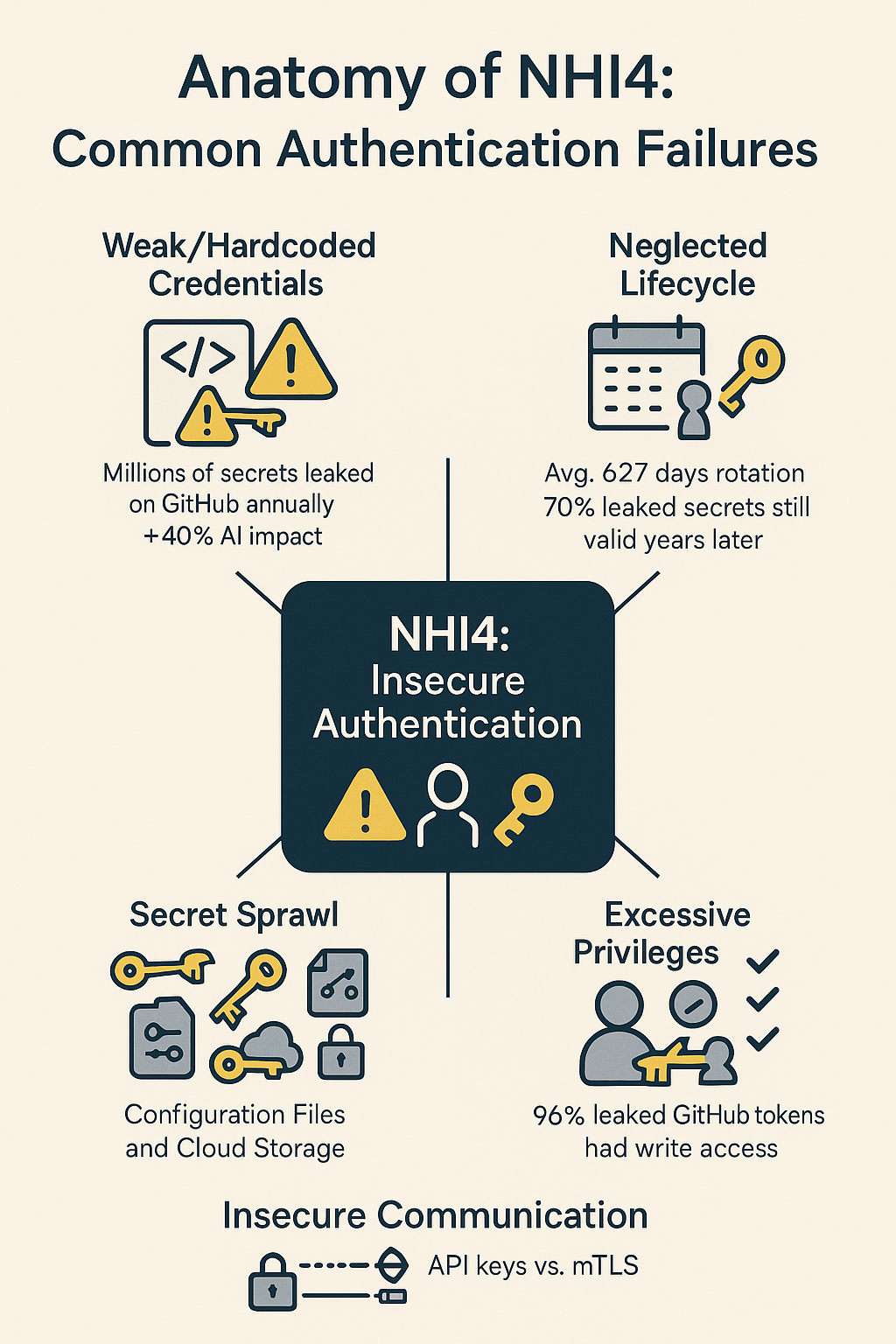 Infographic: Anatomy of NHI4 common authentication failures like weak credentials and secret sprawl.