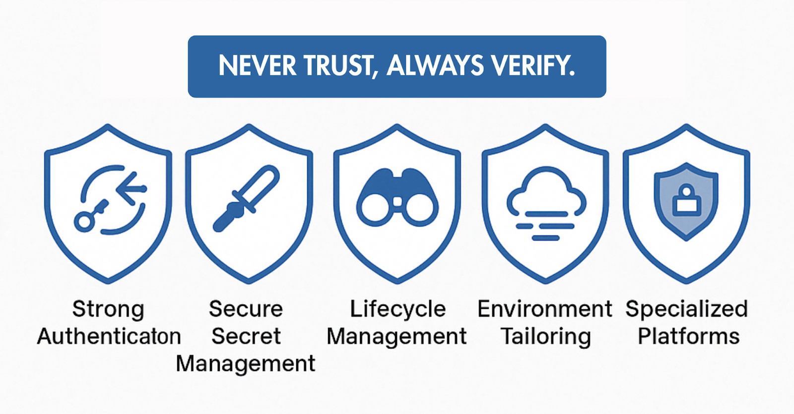 Never Trust, Always Verify." Five icons show principles: Auth, Secret Mgmt, Lifecycle, Env, Platforms.