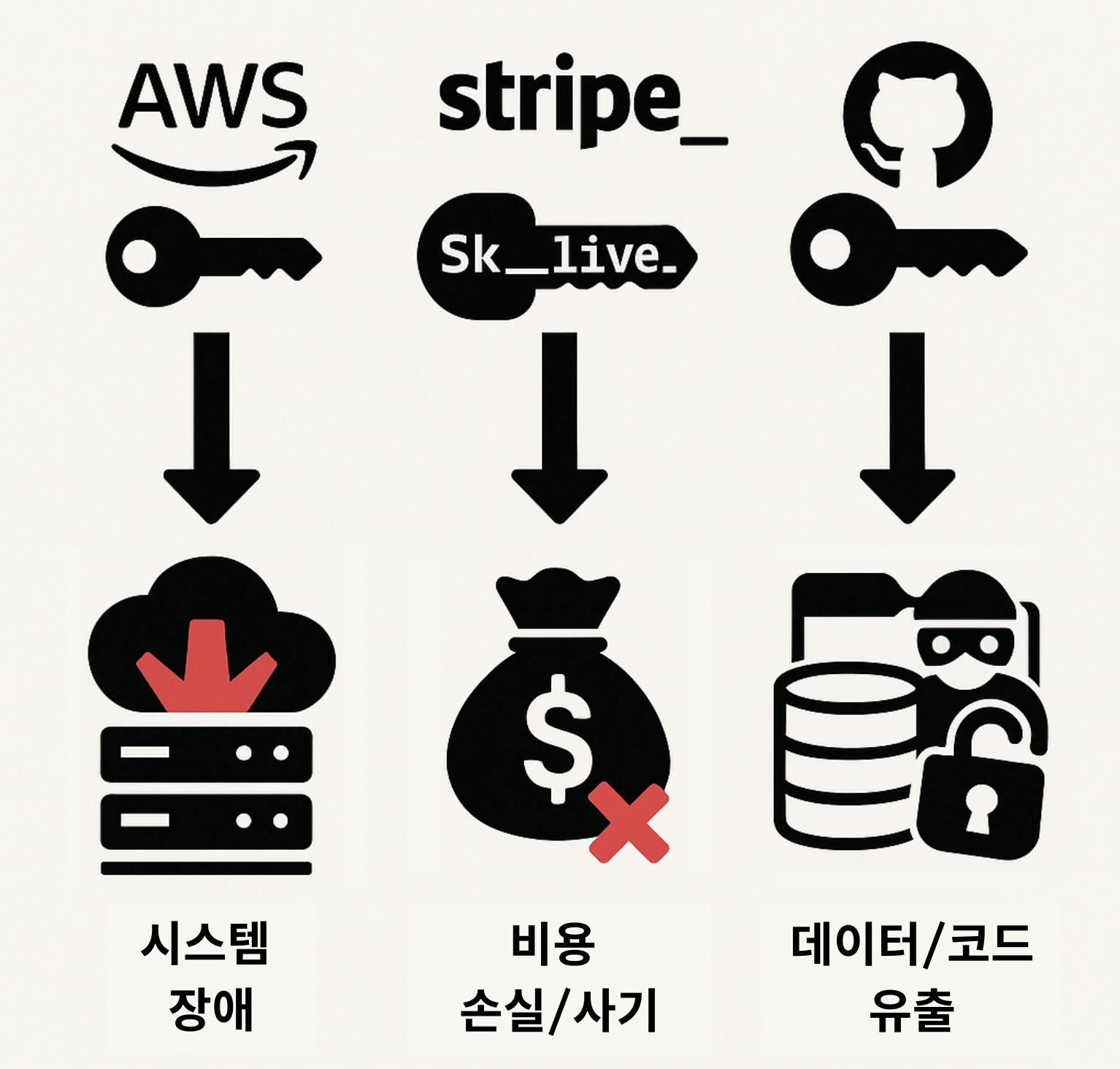 API 키 유출 위험: AWS (시스템 다운), Stripe (사기), GitHub (데이터/코드 손실).