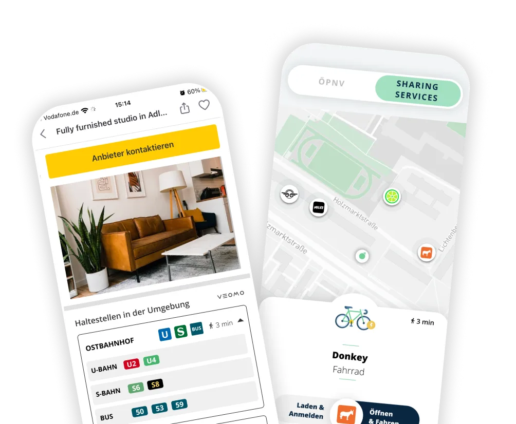 Two phone mockups presenting product design of a mobility startup app