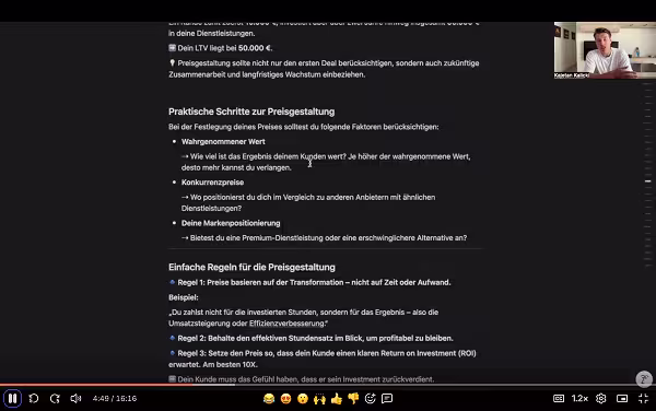 Ein Screenshot aus dem Kurs mit einem ausführlichen Dokument über Positionierung und Preisgestaltung