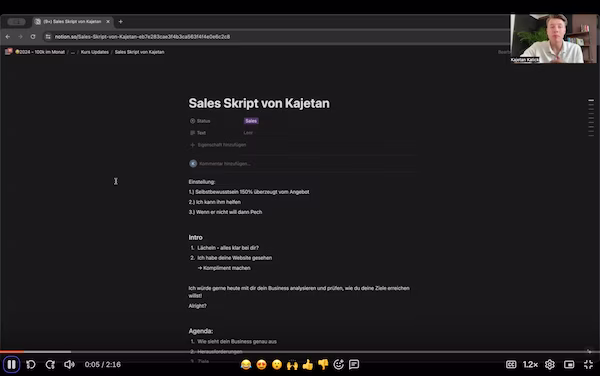 Ein Screenshot mit einem Ausschnitt aus dem Verkaufsskript von Kajektan Kalicki