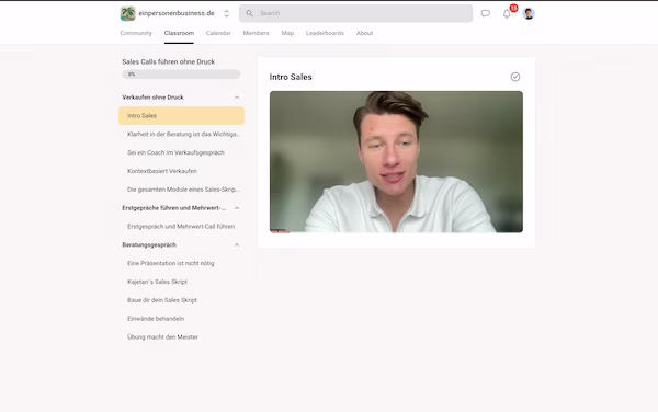 Ein Screenshot mit der Übersichtsseite des Kurses für erfolgreiche Verkaufsgespräche