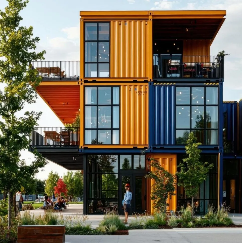 Colorful multi-level container home designed by ArcaVida, showcasing sustainable architecture with large glass windows and modern living spaces in Costa Rica