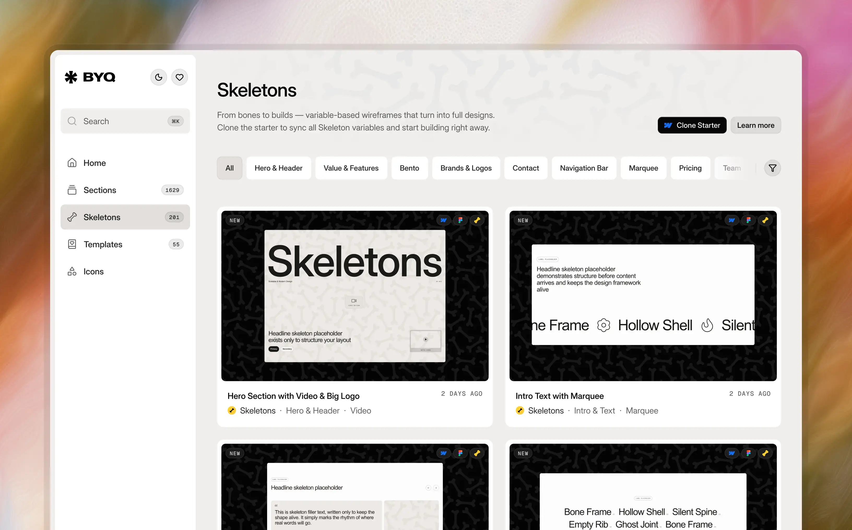Screenshot of BYQ Supply dashboard in light mode with skeletons wireframe collection.