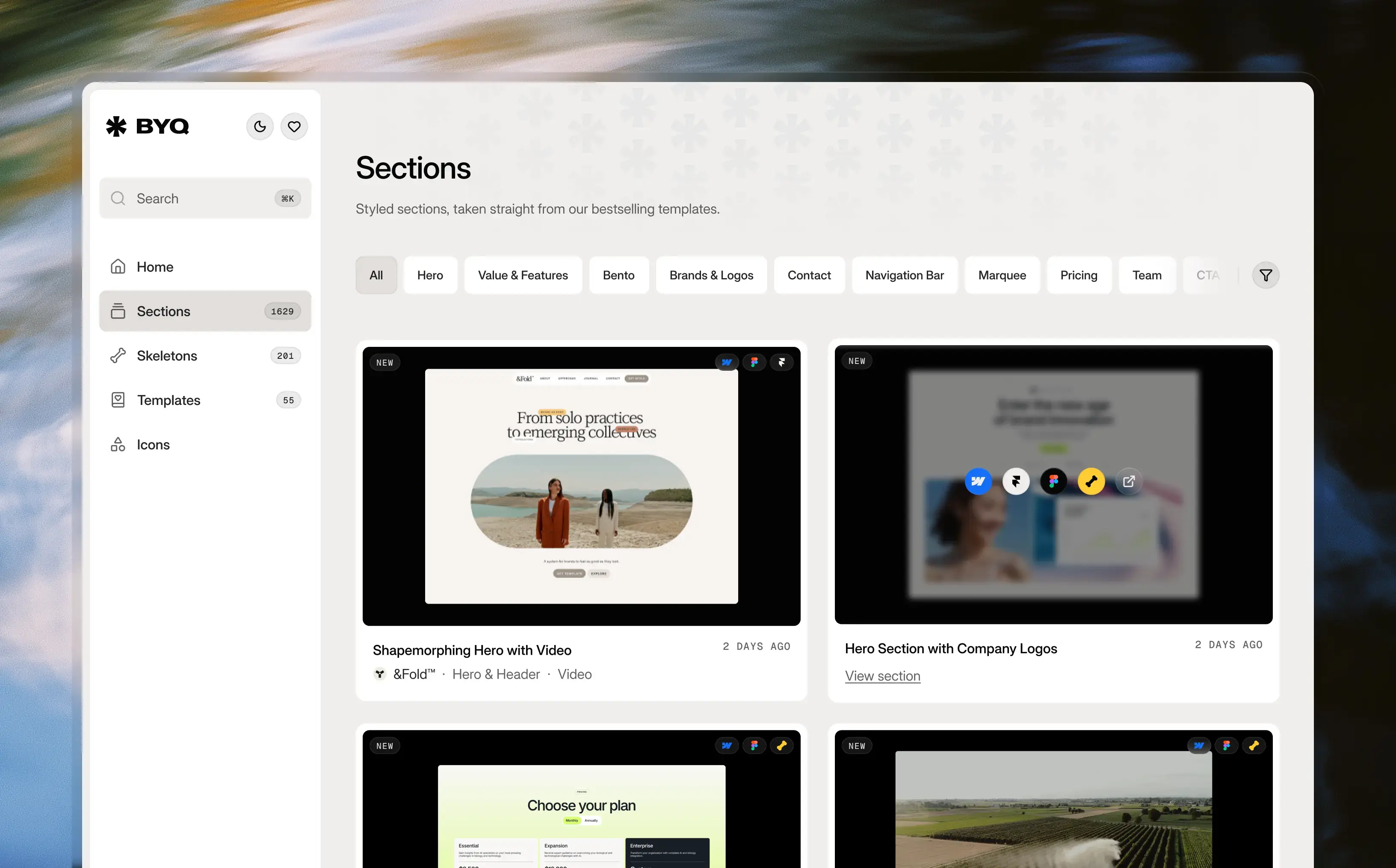 Screenshot of BYQ Supply dashboard in light mode showing copy-paste sections for Webflow, Framer, and Figma.