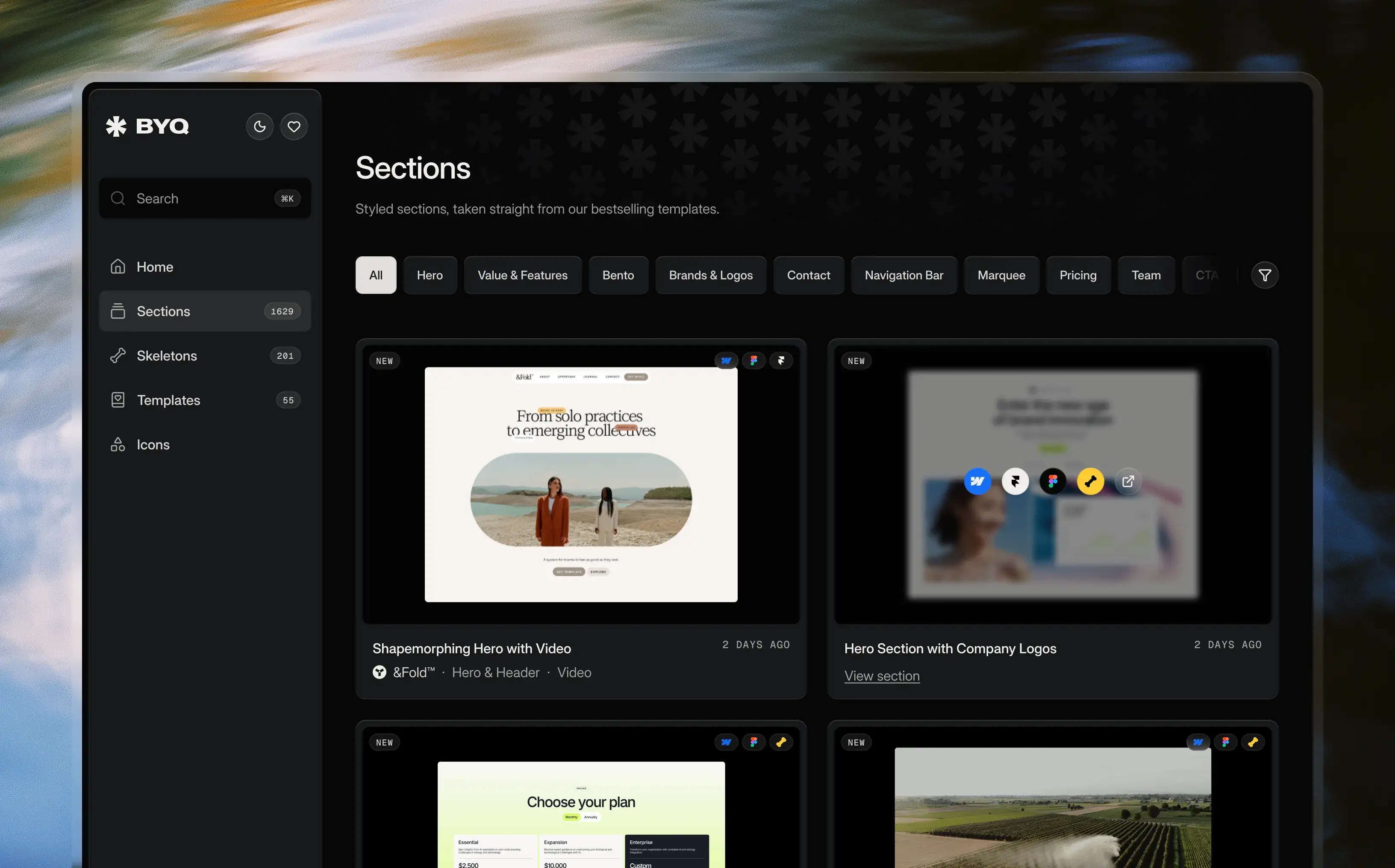 Screenshot of BYQ Supply dashboard in dark mode showing copy-paste sections for Webflow, Framer, and Figma.