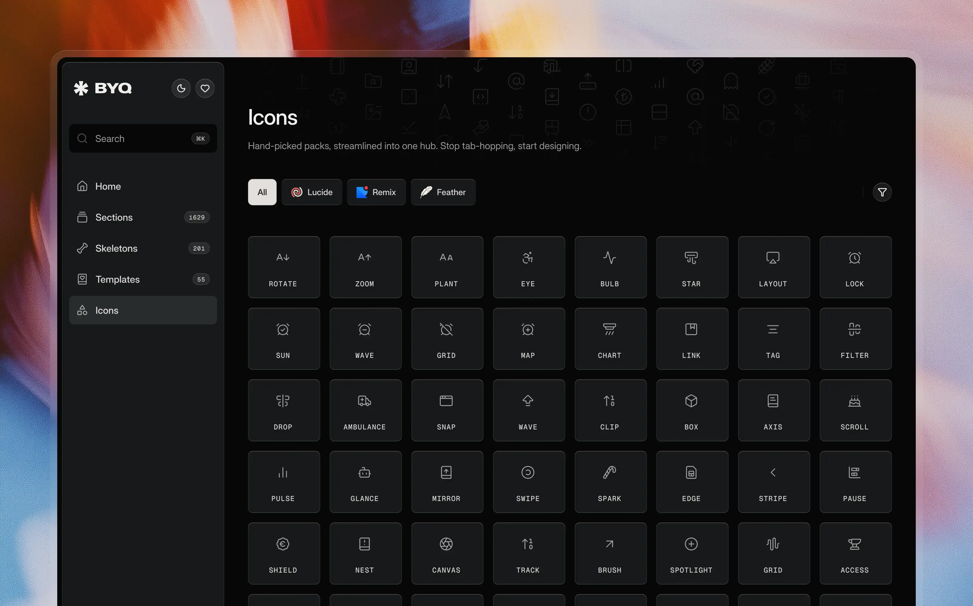Screenshot of BYQ Supply dashboard in dark mode with icon library.