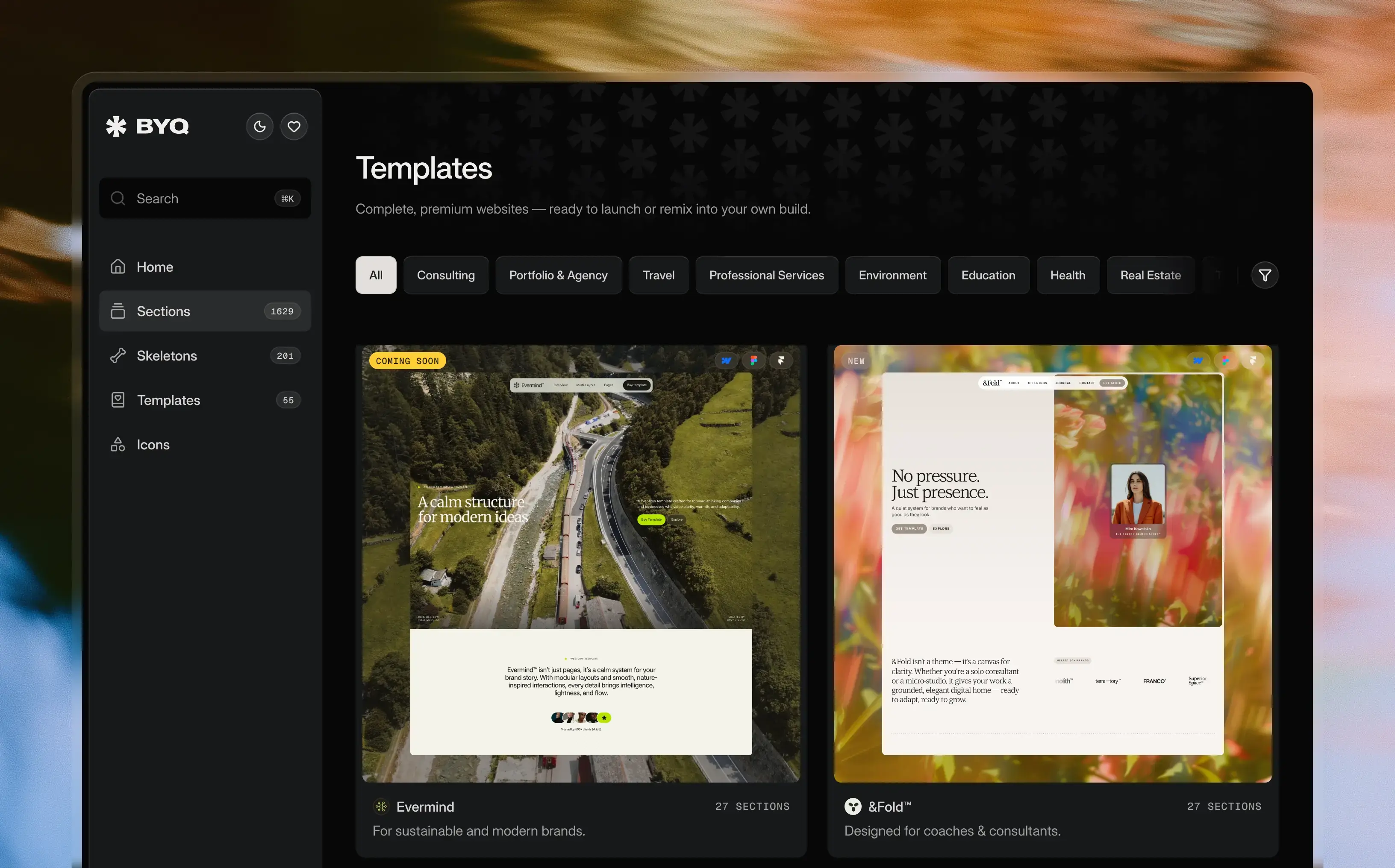 Screenshot of BYQ Supply dashboard in dark mode with template previews.