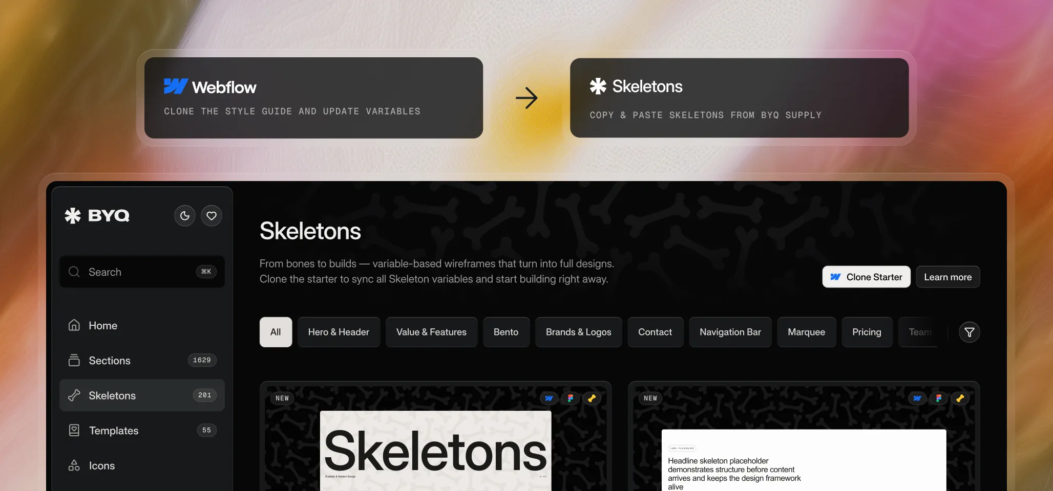 Hero header image for the Getting Started chapter in BYQ Supply documentation, guiding users through first steps with Skeletons.