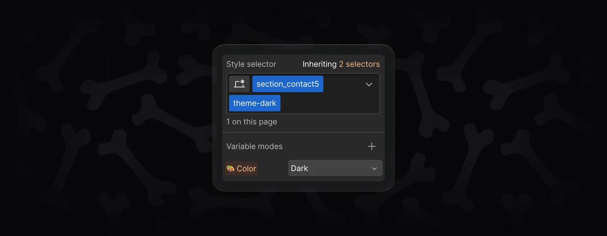 Webflow combo class editor highlighting theme-dark class used in BYQ Supply Skeletons to enable dark mode.