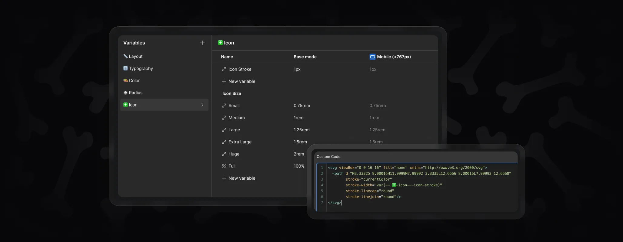 Webflow variables panel showing icon category in BYQ Supply Skeletons, including icon stroke and size controls.