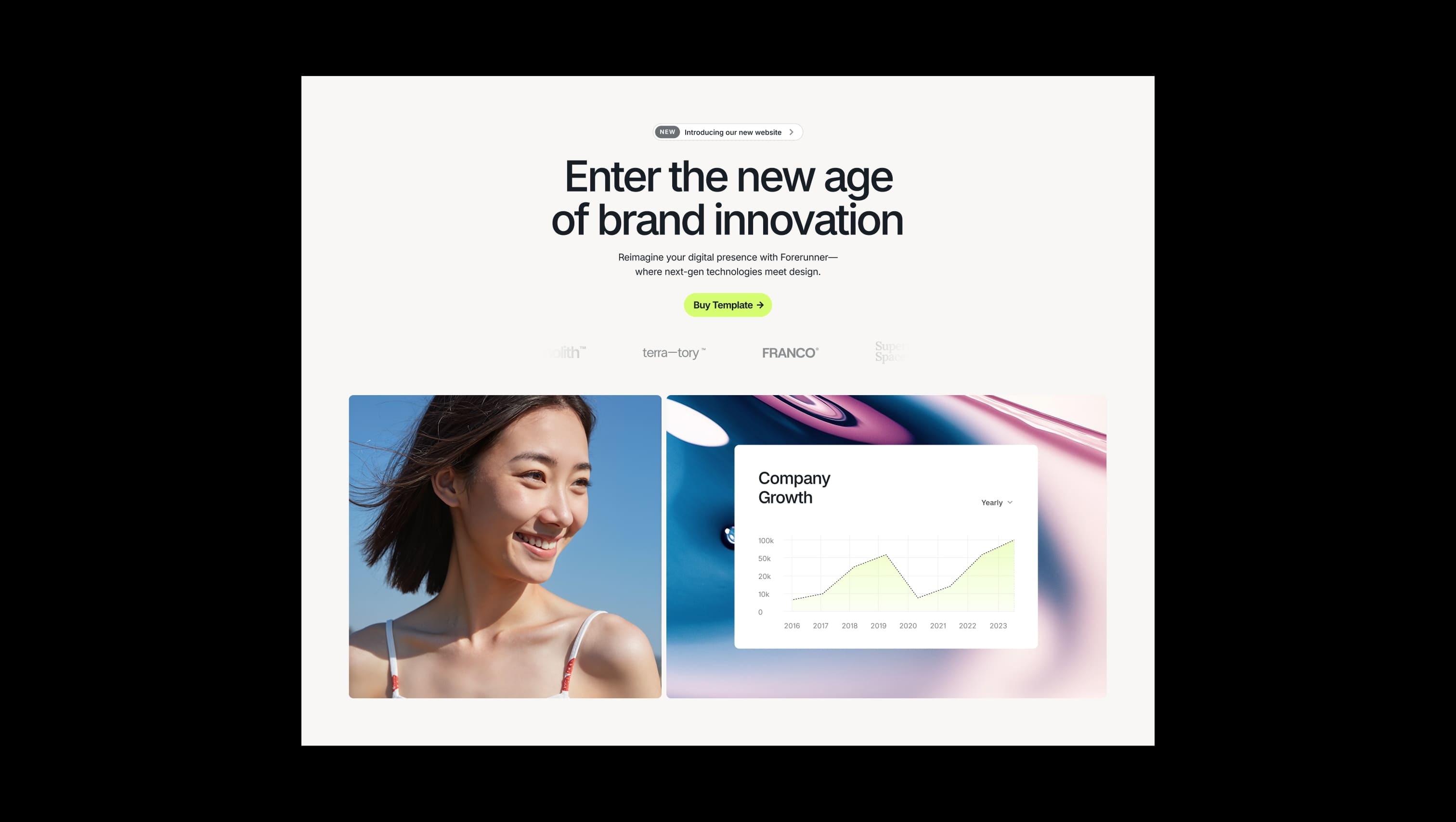 Screenshot of section from BYQ Supply highlighting a futuristic tech hero section with vibrant gradient and device mockup.