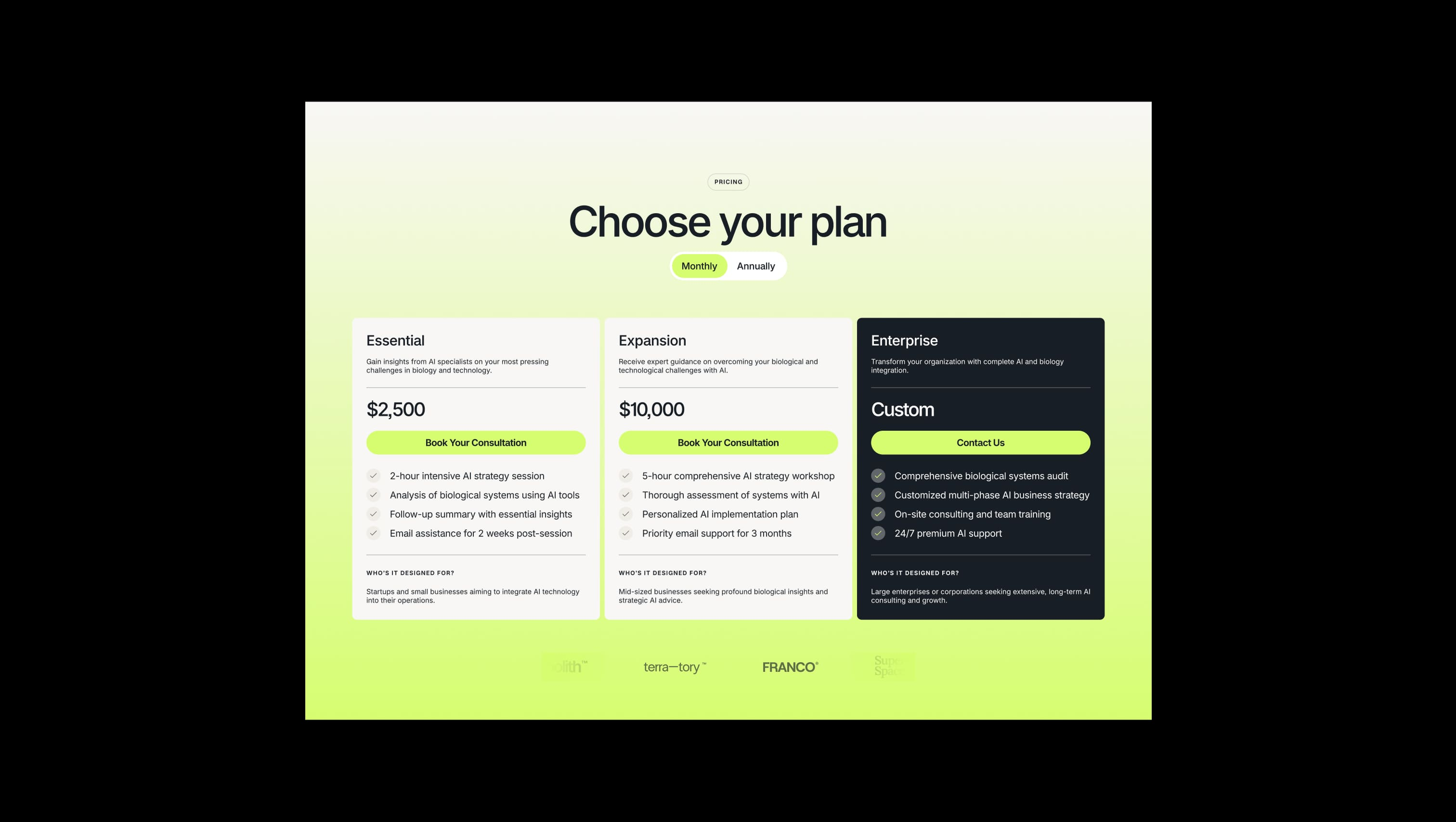 Screenshot of section from BYQ Supply highlighting a pricing table with side-by-side plan comparison and bold call to action.
