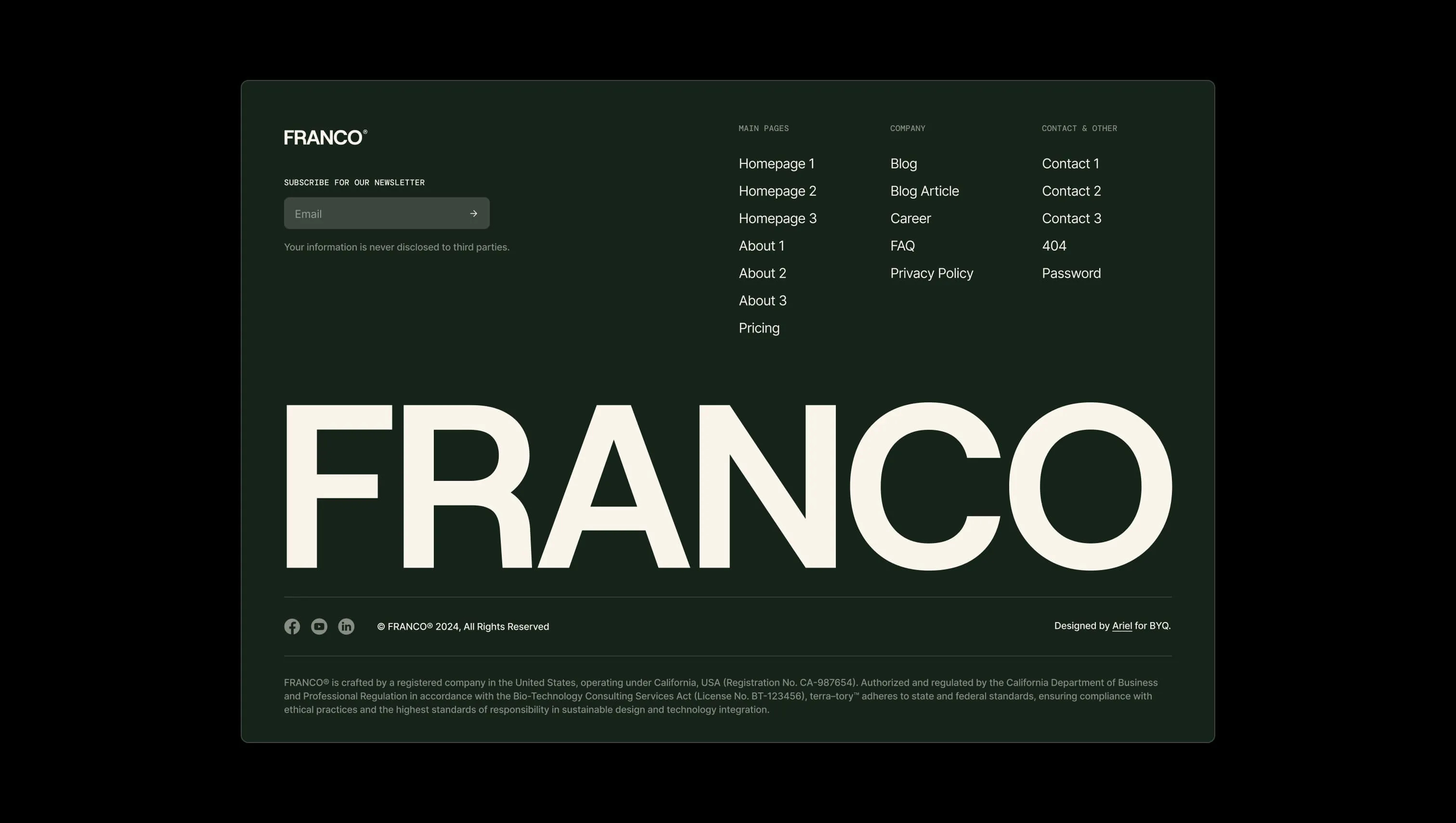 Screenshot of footer from BYQ Supply highlighting a full-width branding layout with large typography and dark color scheme.