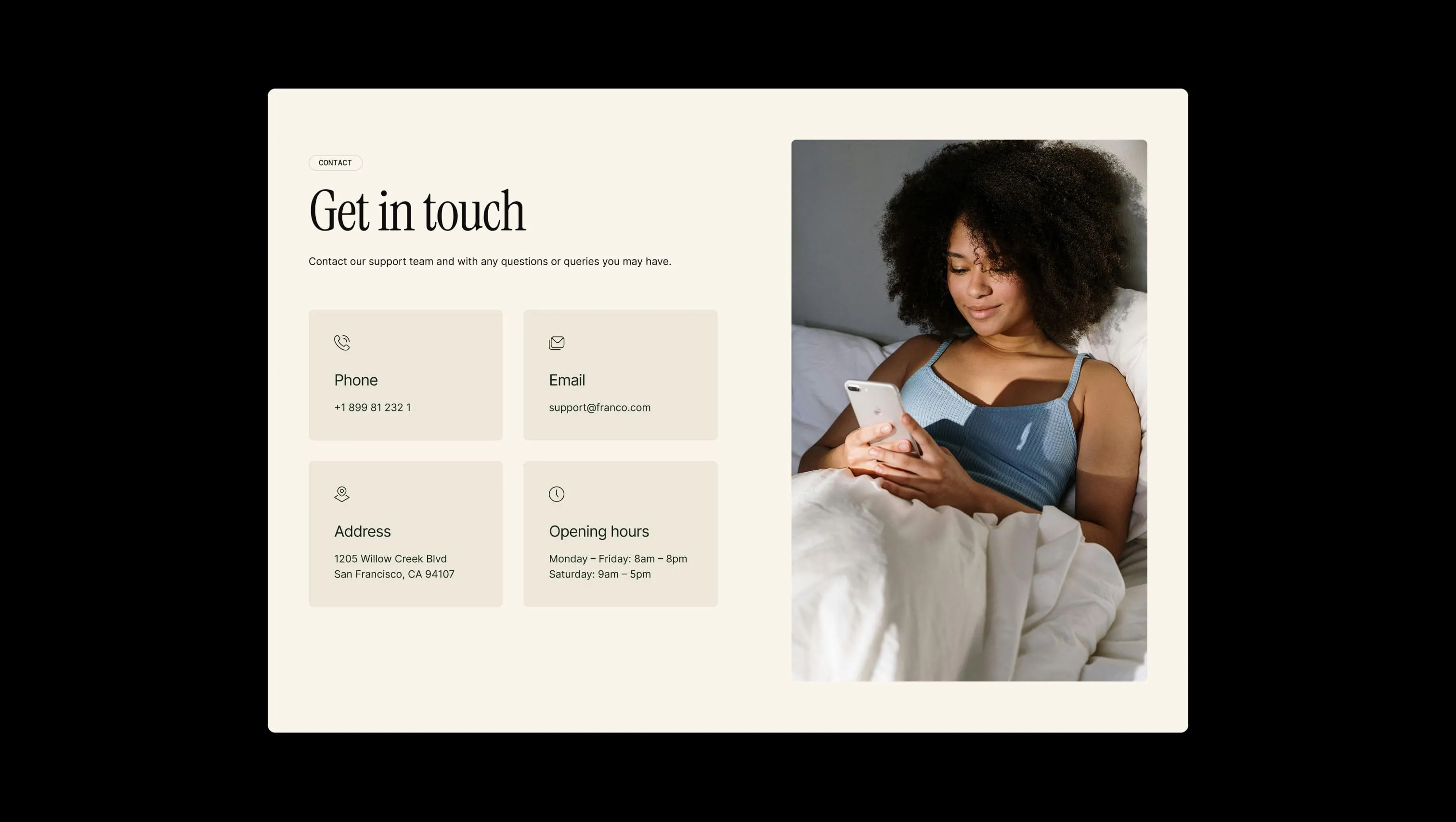 Screenshot of section from BYQ Supply highlighting a modern contact section layout with image and call-to-action.