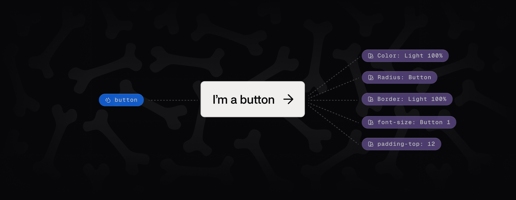 Webflow example showing a button class connected to multiple BYQ Skeletons variables, demonstrating variable-driven styling.