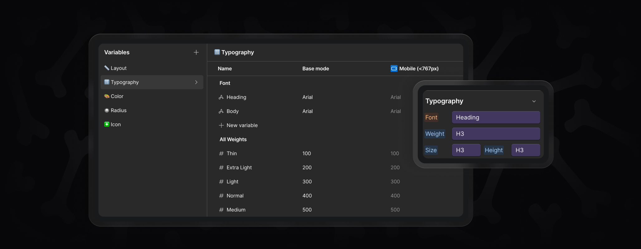 Webflow variables panel with BYQ Skeletons typography settings including heading font, body font, weights, sizes, and line heights.