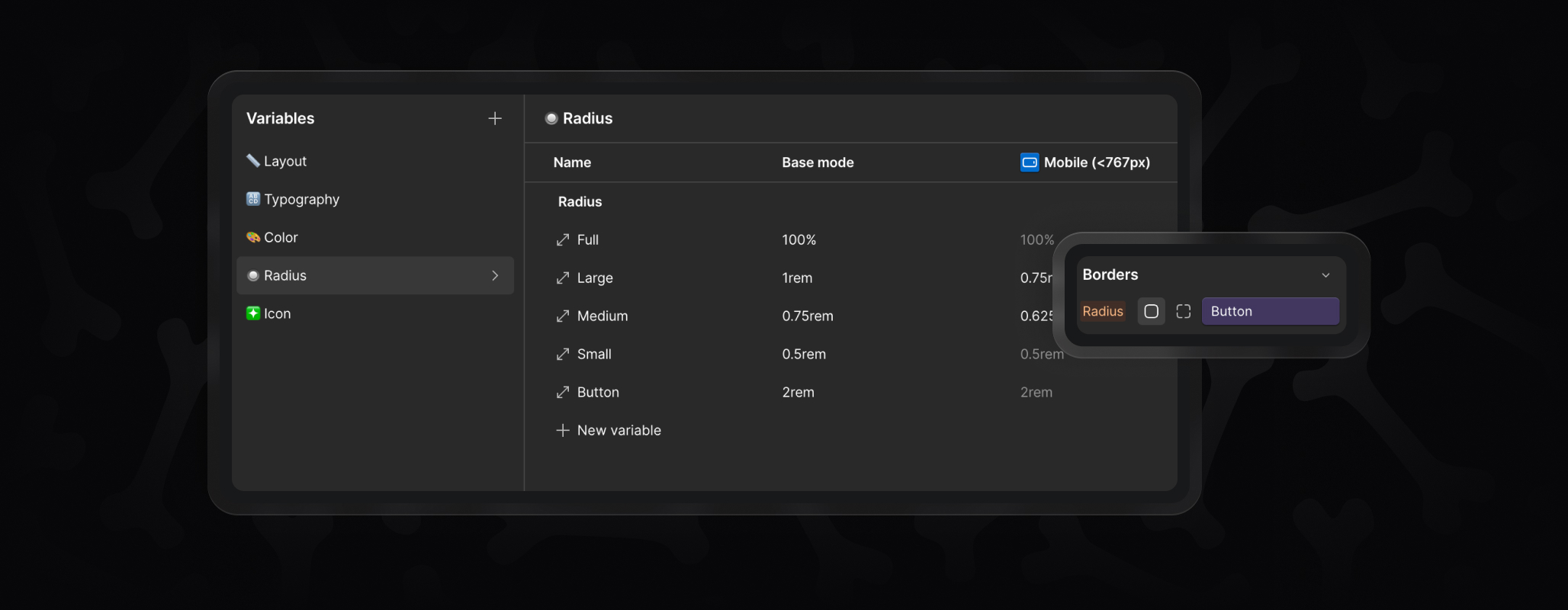 Webflow variables panel displaying radius settings in BYQ Skeletons, controlling small, medium, large, and full corner rounding.