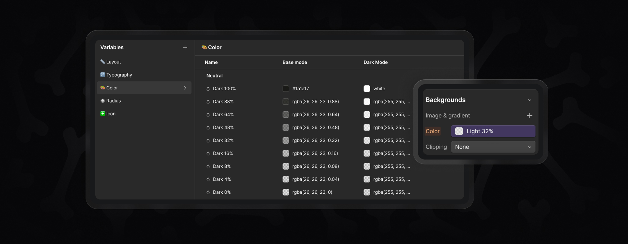 Webflow variables panel showing BYQ Skeletons color variables including dark, light, background, accent, and UI colors.