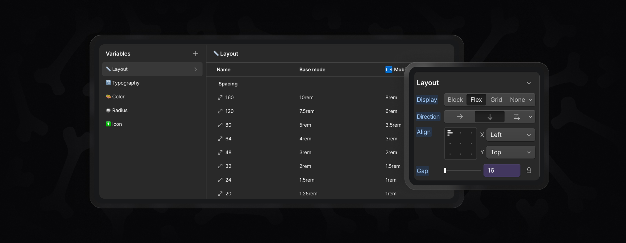 Webflow variables panel showing BYQ Skeletons layout variables including spacing, paddings, grids, and containers.